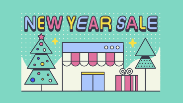 Lettering vendita di capodanno con negozio e albero di natale PNG, SVG
