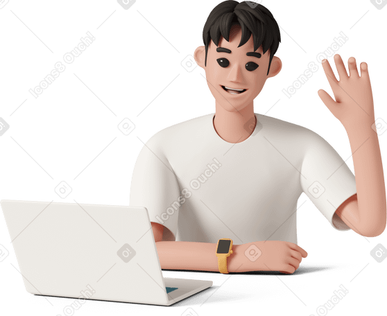 3D smiling man with laptop waving hand PNG, SVG
