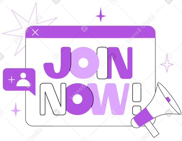 Join Now text with megaphone and stars lettering PNG, SVG
