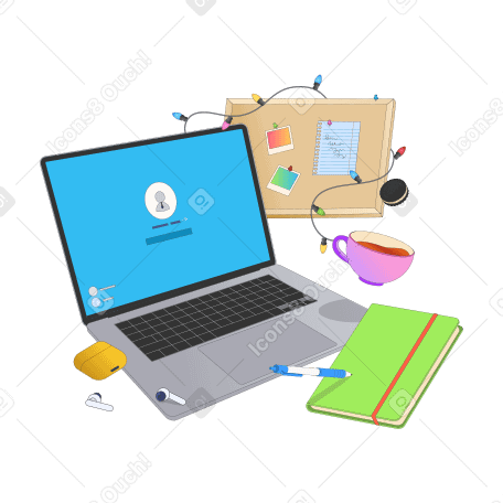 Домашний офис с ноутбуком и доской объявлений в PNG, SVG