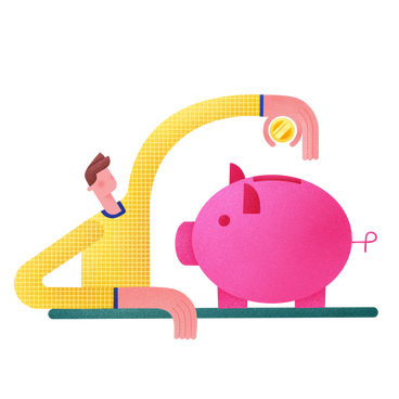 Man puts a coin in the piggy bank PNG, SVG
