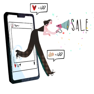Женщина и смартфон как реклама продаж в PNG, SVG