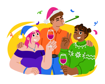 Friends celebrating Christmas with drinks and confetti PNG, SVG