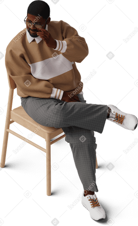 3D isometric view of young man posing sitting on chair and fixing eyeglasses в PNG, SVG