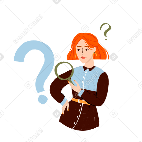 Женщина с увеличительным стеклом смотрит на вопросительный знак в PNG, SVG