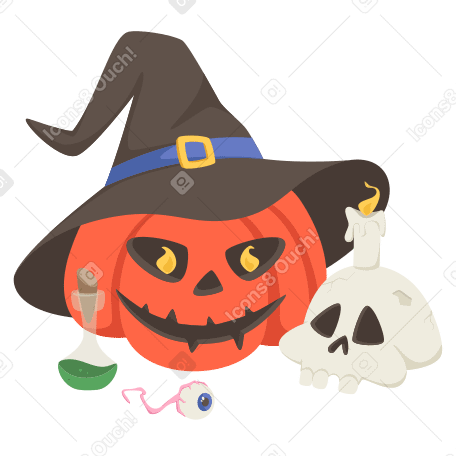 Halloween pumpkin and skull with a candle PNG, SVG