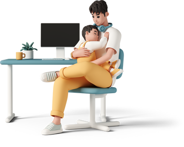 Vater umarmt sein baby, während er auf einem stuhl am computer sitzt PNG, SVG