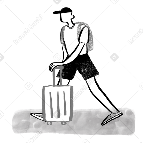 Black and white man traveling with a suitcase Illustration in PNG, SVG
