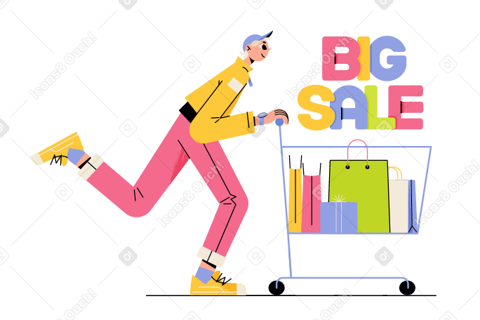 Lettering Big Sale with the man who pulls the cart Illustration in PNG, SVG