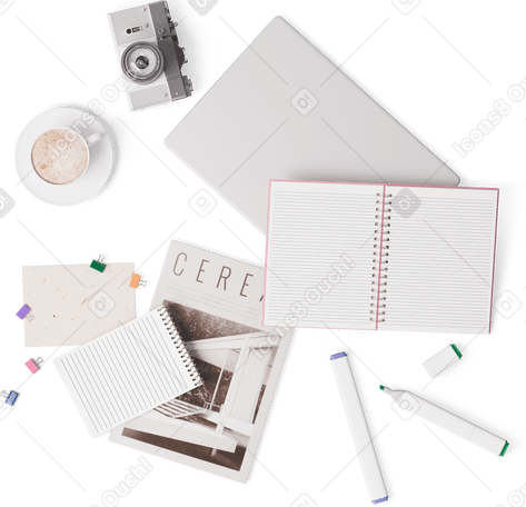 3D top view of closed laptop, magazine, notebooks and markers PNG, SVG