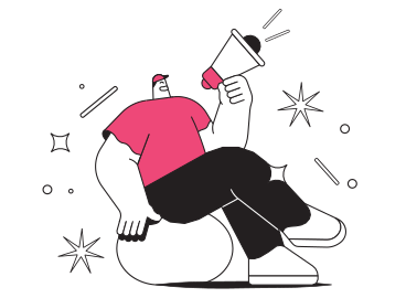 Illustrazione animata Promotore uomo seduto su palla ginnica e gridando nel megafono in GIF, Lottie (JSON), AE