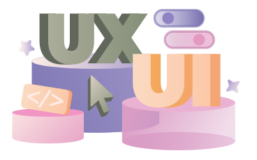 Letras ux/ui com cursor, sinal de código e texto de botões PNG, SVG