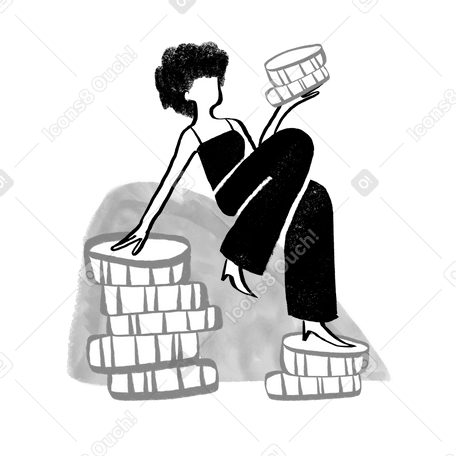 Black and white woman sitting on a pile of money Illustration in PNG, SVG