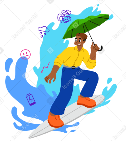 Young man surfing through the stress and adversity around him PNG, SVG