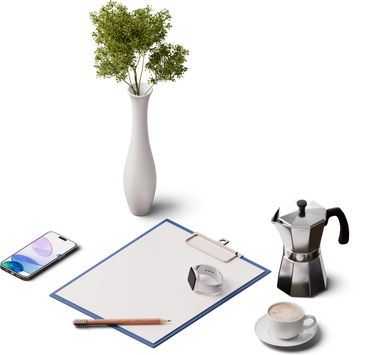 Isometric view of clipboard, smartphone, smartwatch and moka pot PNG, SVG