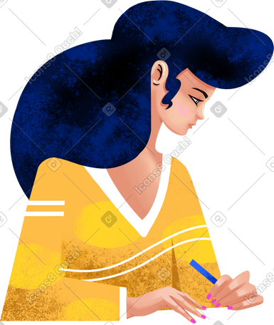 woman in a yellow jacket with a blue pencil PNG, SVG