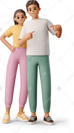 3D boy and girl pointing at the logo on the t-shirt Illustration in PNG, SVG
