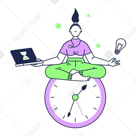Woman sitting on clock with laptop for time management PNG, SVG