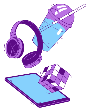 Tablet, headphones, rubik's cube and drink for gaming and entertainment PNG, SVG