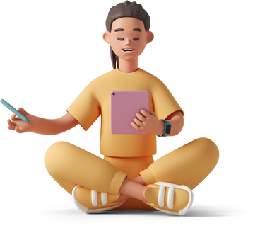 young woman meditating while holding pink tablet and stylus PNG, SVG