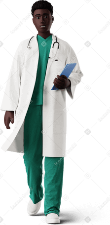 3D black doctor walking with clipboard in hand PNG, SVG