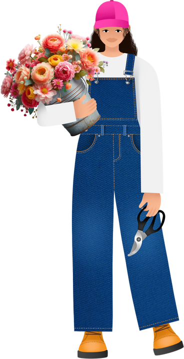 young woman in denim overalls holding flowers PNG, SVG