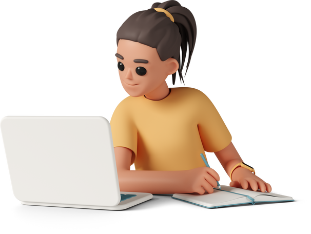 young woman looking at laptop and taking notes in notebook Illustration in PNG, SVG