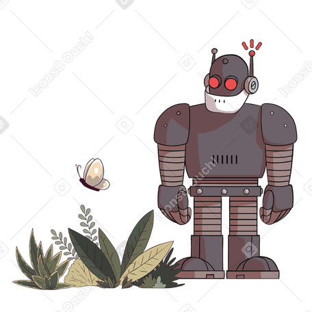 Robot looks at butterfly Illustration in PNG, SVG