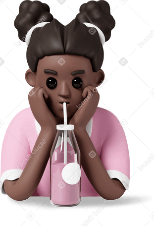 3D girl drinking juice from glass bottle with straw PNG, SVG