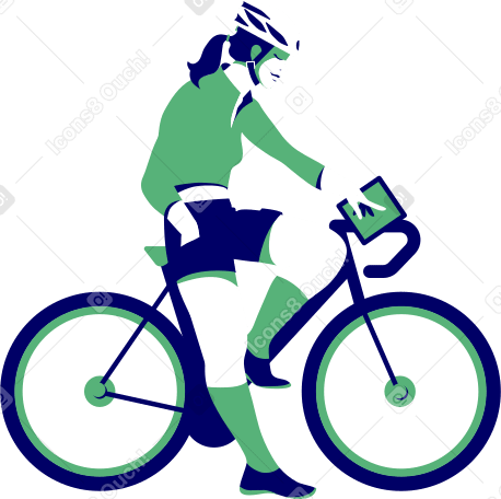 Женщина-велосипедистка в шлеме на горном велосипеде смотрит на навигатора в PNG, SVG