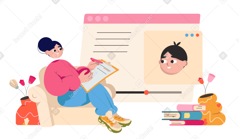 Girl sitting in a chair with a notepad and watching a video lecture PNG, SVG