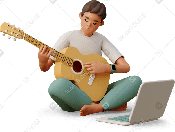 3D man sitting in front of laptop and plays guitar PNG, SVG