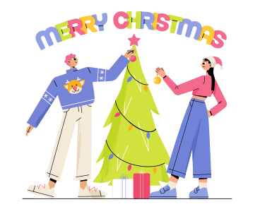 Lettering Merry Christmas with people decorating the Christmas tree PNG, SVG