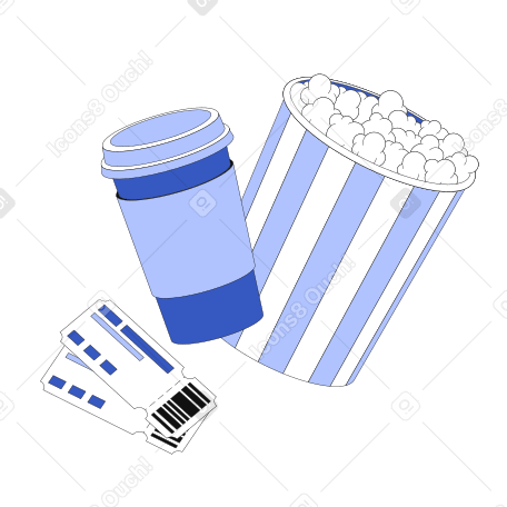 Popcorn, drink in a paper cup and movie tickets Illustration in PNG, SVG