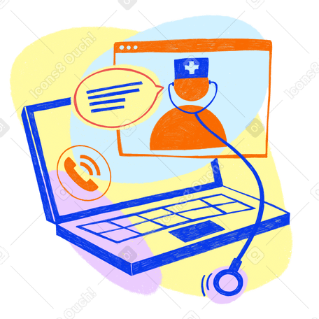 Blue computer and browser window with online doctor's consultation Illustration in PNG, SVG