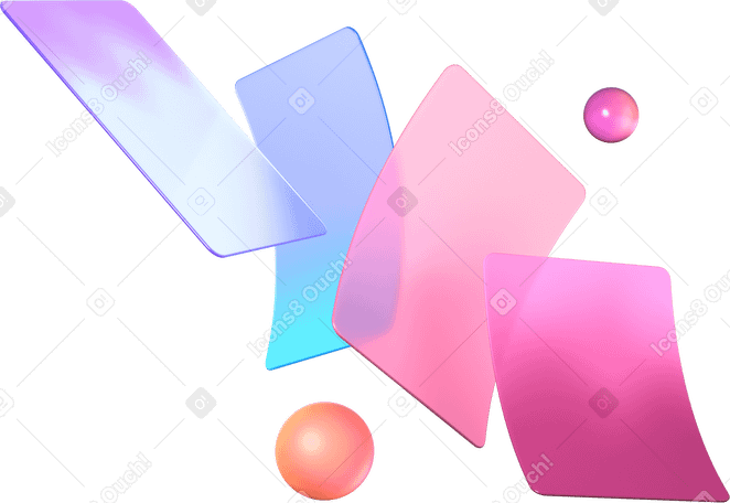 3D floating cards with rounded corners and glass spheres PNG, SVG