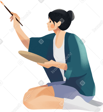 young woman sitting on her knees and painting PNG, SVG