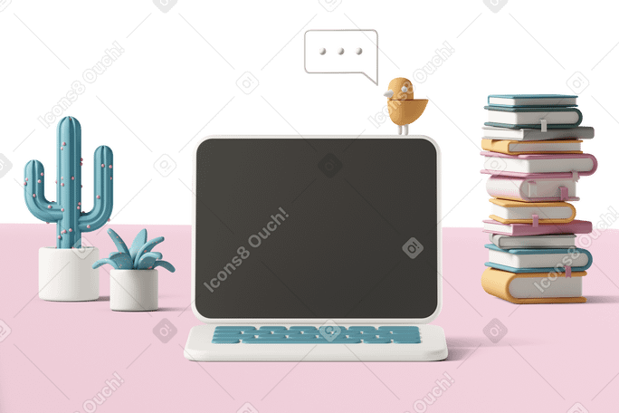 3D switched off laptop with stack of books and cactus in the back  Illustration in PNG, SVG