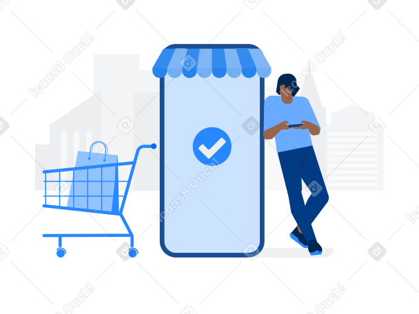 Un homme avec un téléphone portable fait ses courses dans une boutique en ligne, le sac à provisions est dans un chariot de supermarché PNG, SVG