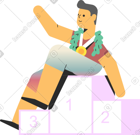 man sitting on winner podium and waving hand PNG, SVG