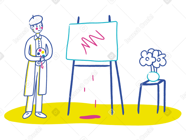 팔레트가 있는 페인트 보드 근처에 서 있는 아티스트 PNG, SVG
