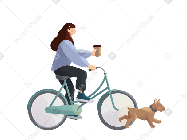 Frau im violetten pullover, die mit einer tasse kaffee und einem laufenden hund fahrrad fährt PNG, SVG