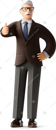 3D old businessman in classical suit and glasses giving thumbs up Illustration in PNG, SVG