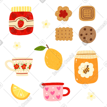 Jam jar, honey jar, lemon, cookies and cups PNG, SVG