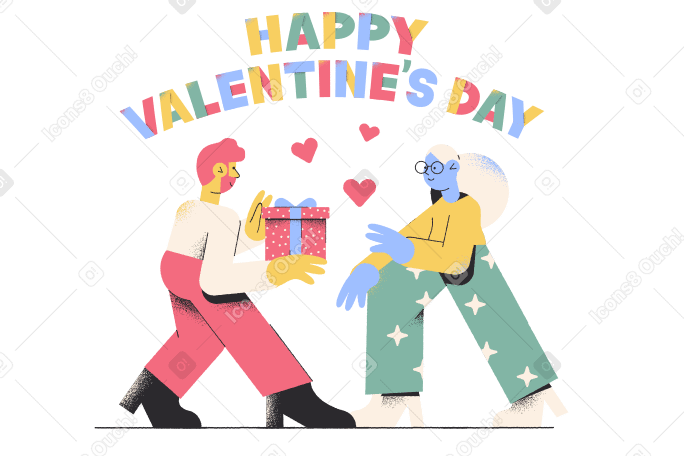 Надпись с днем святого валентина с парнем, который дарит подарок девушке в PNG, SVG