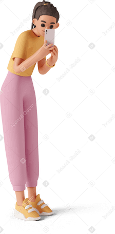 3D full length of young woman taking picture with phone Illustration in PNG, SVG