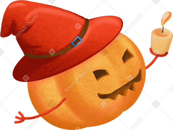 Citrouille orange dans un chapeau rouge avec une bougie à la main PNG, SVG