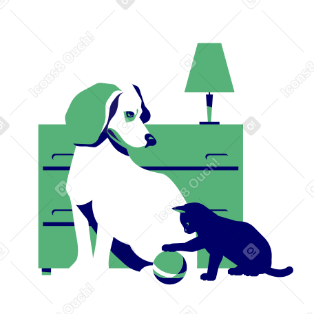 Dog and cat playing with a ball near dresser Illustration in PNG, SVG