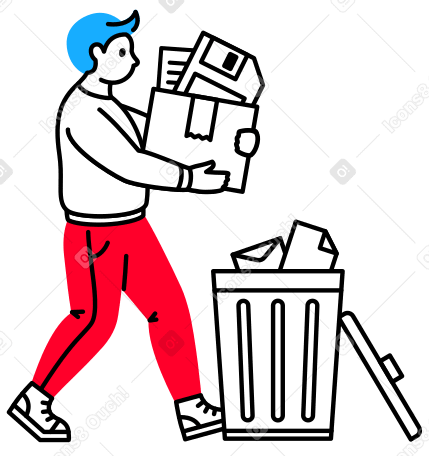 Illustration L'homme porte une boîte de vieilles disquettes et de papiers dans une poubelle aux formats PNG, SVG