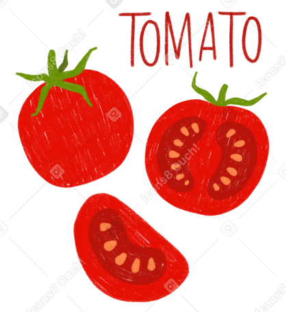 Tomate com folha, meio tomate, pedaço de tomate e letras PNG, SVG